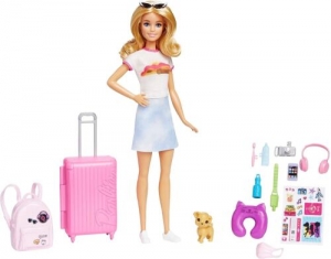 Barbie Fwv25​ Travel Doll, Blonde, With Puppy, Opening Suitcase, Stickers And 10