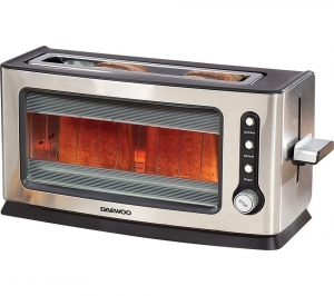 Daewoo 2 Slice Toaster Glass Front Wide Slot Defrost Reheat Bagel Function 900w