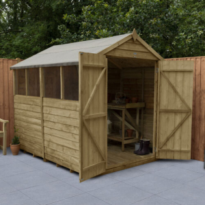 forest garden forest 8 x 6ft overlap pressure treated apex shed - double door 4 windows natural
