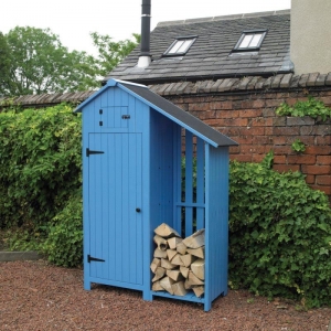 kingfisher blue wooden garden shed with log store red